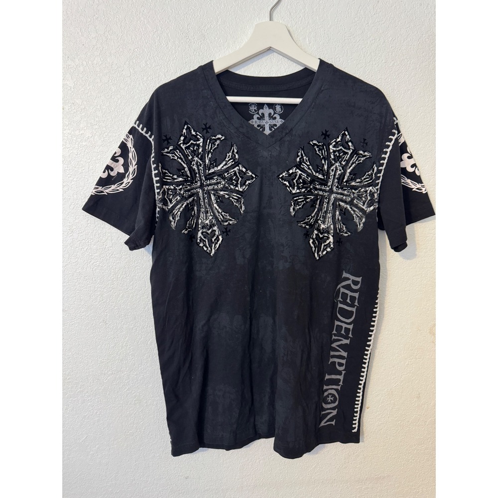 Raw State Mens Large Black Short Sleeve Graphic T Shirt Cross‎ Redemption Print